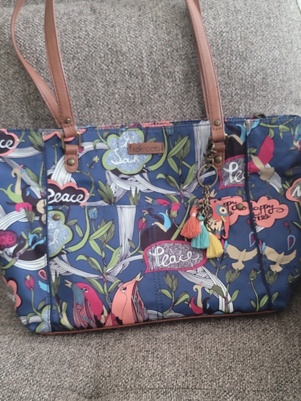 Sakroots Navy Multicolor Floral Peace Tote with Tassel Charms